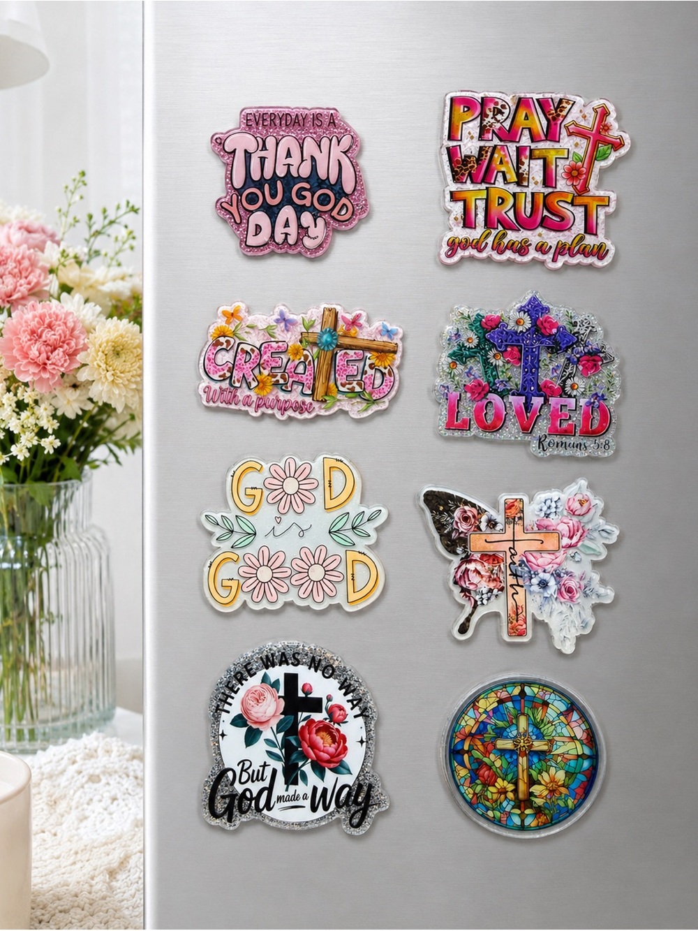 8 handmade acrylic Religious Faith Decorative Magnets Set Pink, Multicolor gift